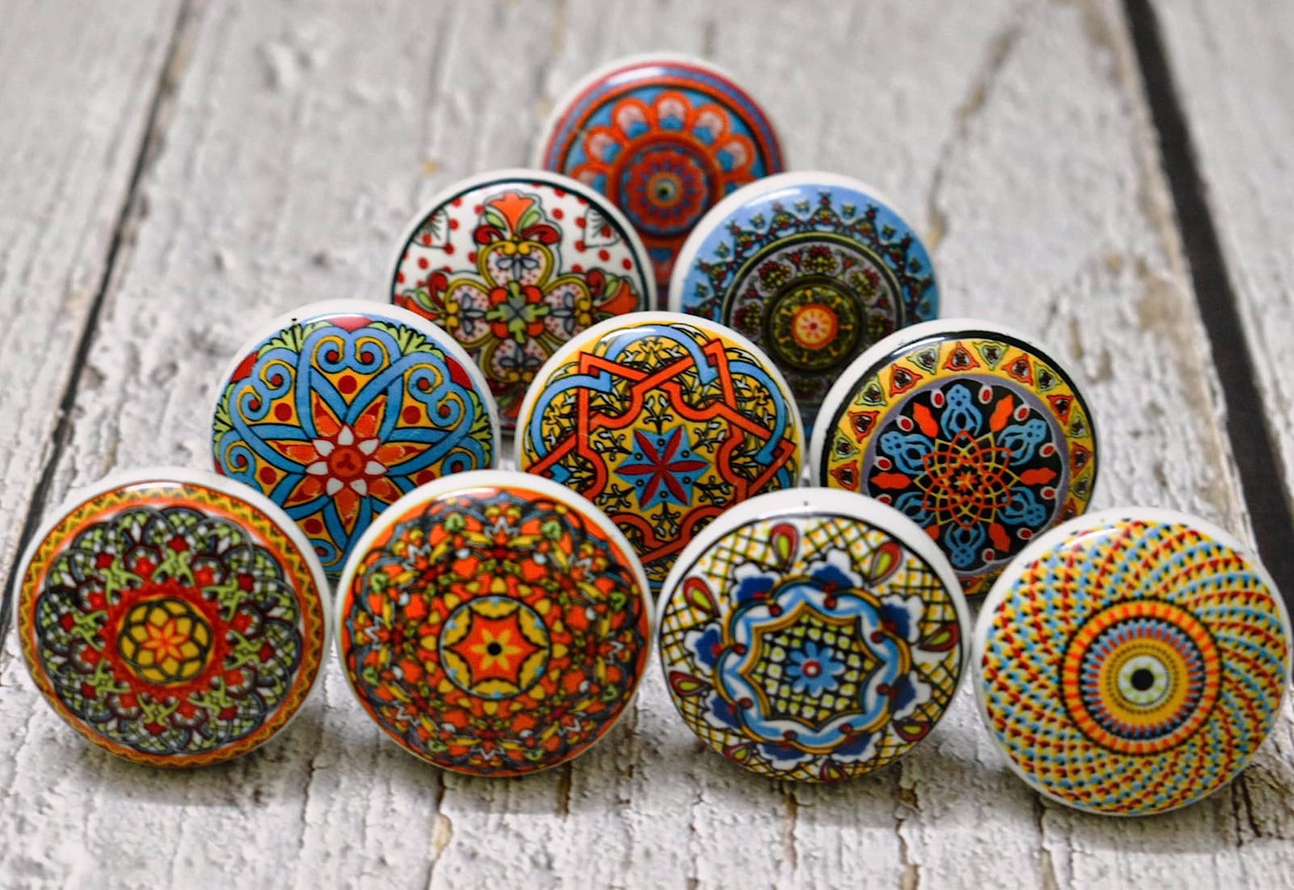 ARTISNO Ceramic Knobs for Cabinets - Set of 10 Multicolor Mandala Design Round Ceramic Knobs Hand Painted Boho Kitchen Cabinet Drawer Knobs | Glossy Wardrobe and Dresser Pulls (1.5-Inch Diameter)
