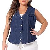 Agnes Orinda Plus Size Denim Vests for Women V Neck Sleeveless Utility Jean Jacket Vests