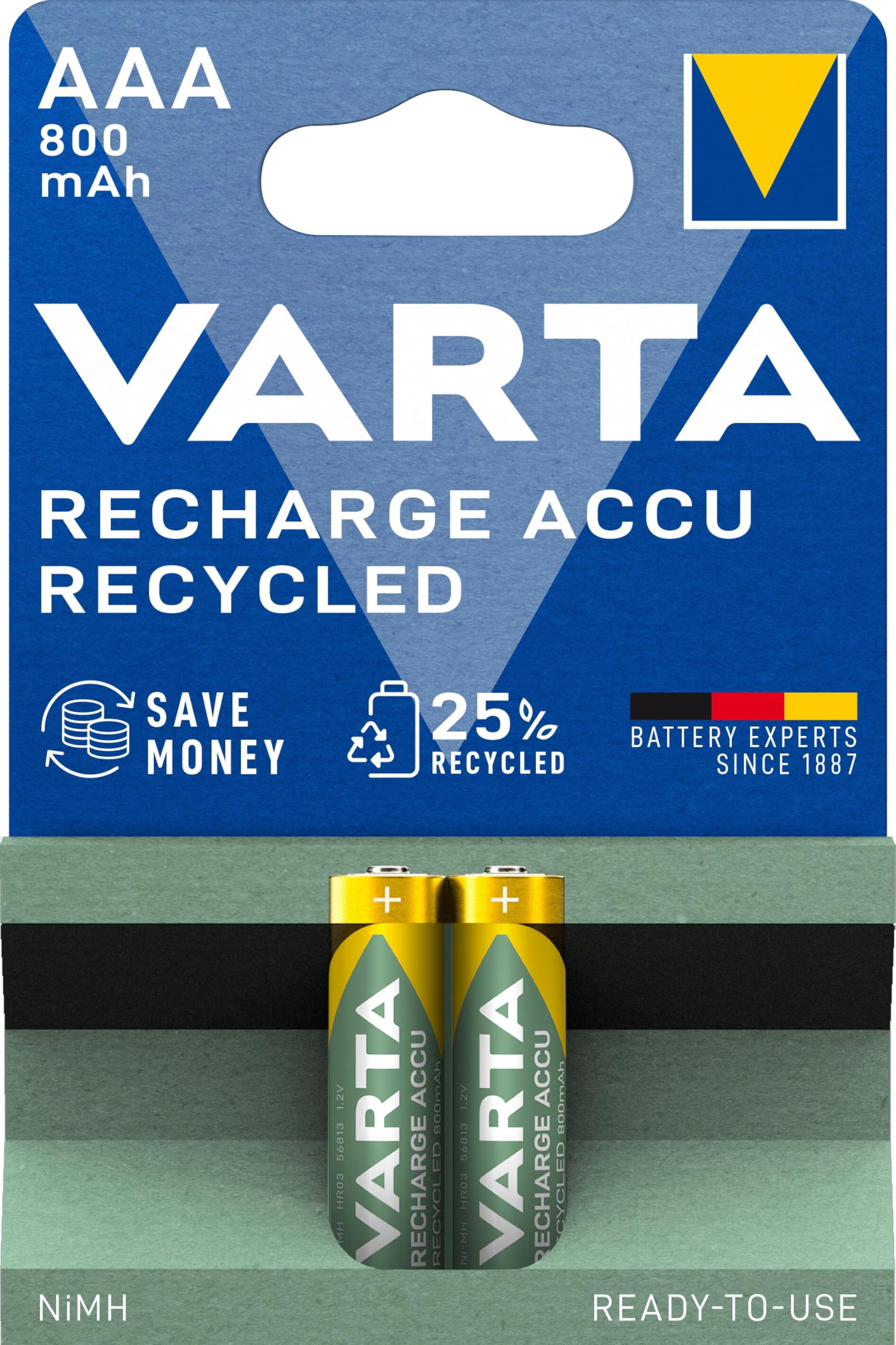 VARTA Recharge Accu Recycled, Ready-To-use pre-charged AAA Micro NiMH rechargeable battery (2-pack, 800 mAh) made of 11% recycled material - without memory effect