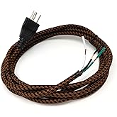 3 Wire Twisted Rayon Cloth Covered Electric Lamp Cord with Polarized End Plug, Switch, and Stripped Ends Ready for Wiring 8 feet Long