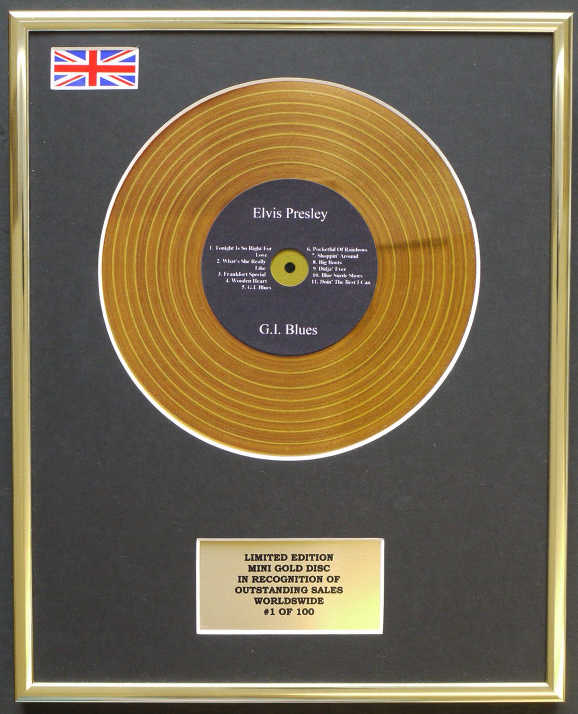 Limited Edition mini gold disc Display ELVIS PRESLEY/MINI GOLD DISC DISPLAY/LIMITED EDITION/COA/G.I. BLUES