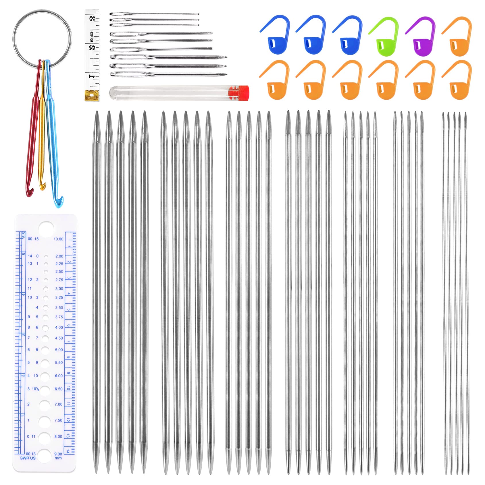Viaky Knitting Needles Set 59 PCS, Stainless Steel Double Pointed 35Pcs Short Straight Needles 2.0mm-5.0mm, Knitting kit with Accessories for Handmade Weave, Beginner Crochet DIY Tools (20cm)