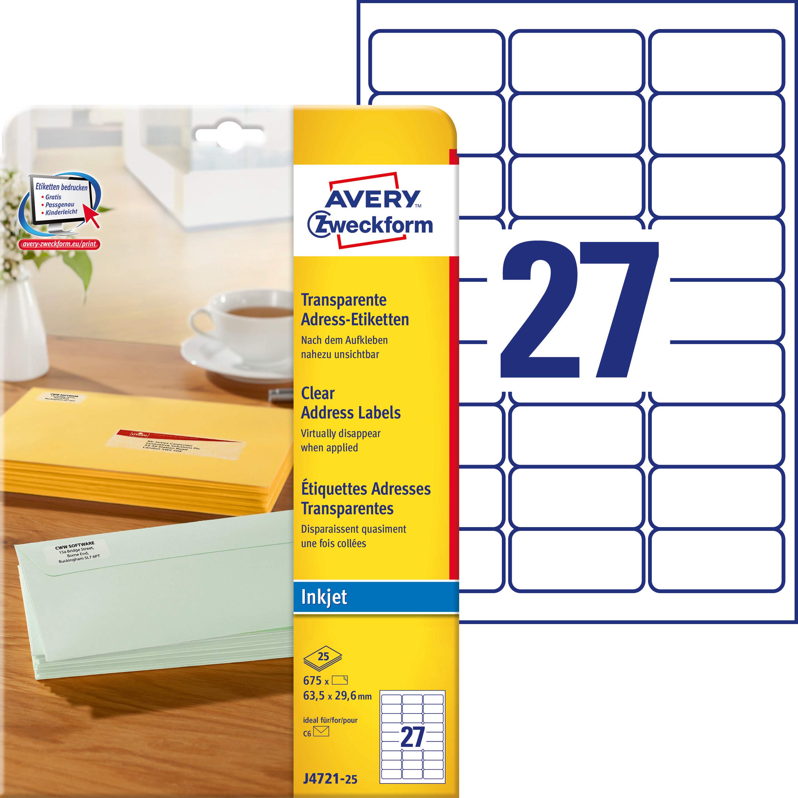 Avery Zweckform J4721-25 Transparent Address Labels 63.5 x 29.6 mm 25 Sheets