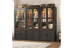 CHARTUSTRIABLE Tall Farmhouse 6 Doors Armoire Wardrobe Closet with LED ,72" Freestanding Arched Wardrobe Closet Cabinet for Bedroom w Glass Doors/Drawers,Wooden Clothing Storage Cabinet,Closets for Bedroom(Black)