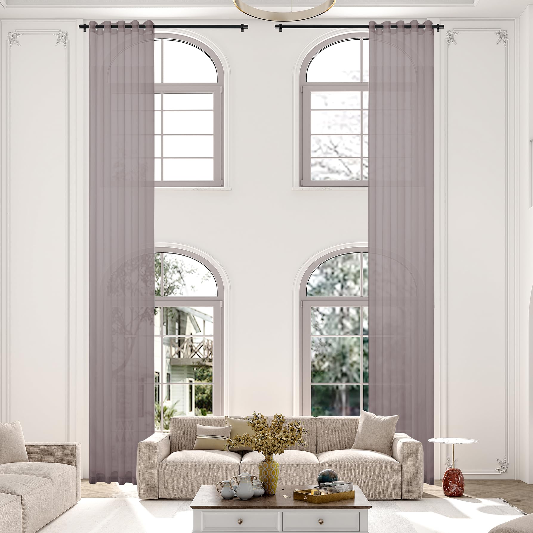 Photo 1 of TCUSSIF Extra Long Sheer Curtains, 132inch Length Light Filtering Grommet High Ceiling Viole Curtain for High Window and Loft(1 Panel, Brown, 52"x132")