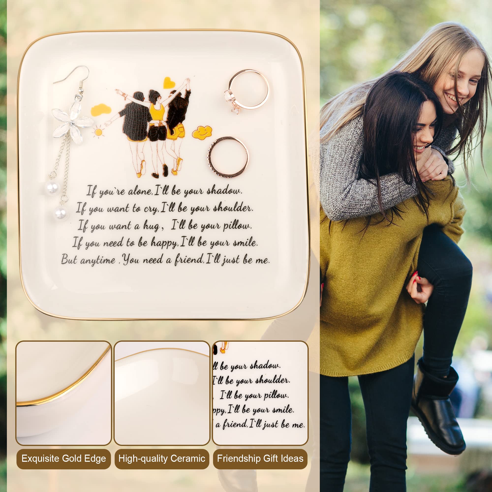 PUDDING CABIN 3 Best Friend Birthday Gift for Women, Ring Dish - If You're Alone, I'll be Your Shadow. If You Want to Cry, I'll be Your Shoulder... Trinket Dish Gift for Female Friends Bestie Gifts