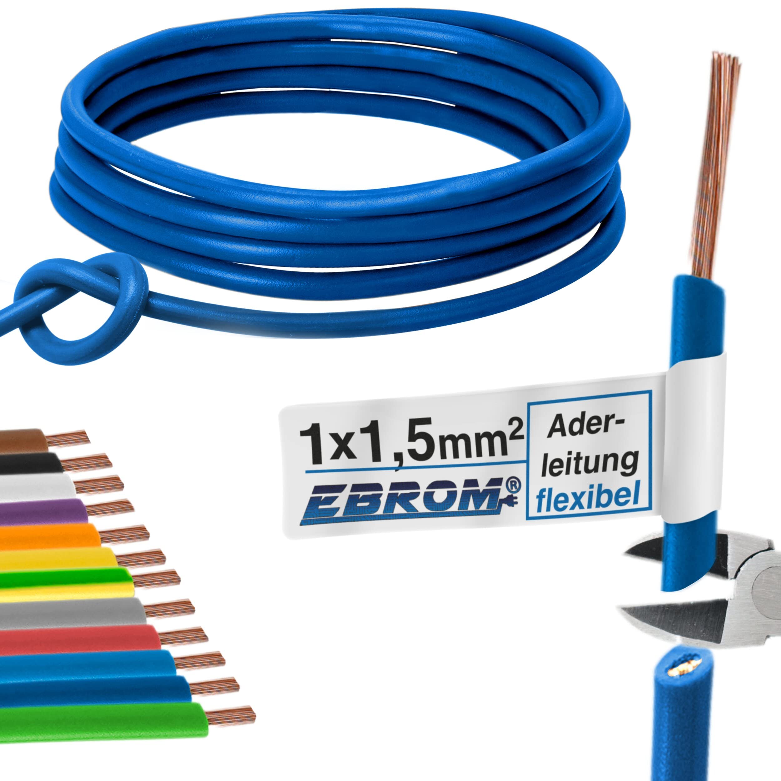 Core Cable Wiring Cable – Single Core Flexible 1.5 mm² – PVC Cable – H07V-K 1.5 mm² – Colour: Dark Blue – Many Lengths Available in 5 Metre Increments, Length: 100 m