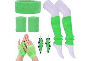 Fuguan 9pcs 80s Workout Costume for Women 80s Costume Fancy Dress Outfit Accessories Set Neon Headband Leg Warmers for Men