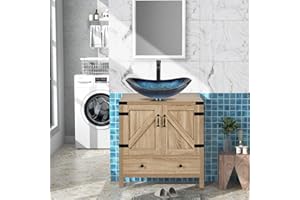 Puluomis Bathroom Vanity, 28 inch Modern Natural Color Wood Fixture Stand Pedestal Bathroom Cabinet with Bathroom Boat Blue Glass Vessel Sink Top
