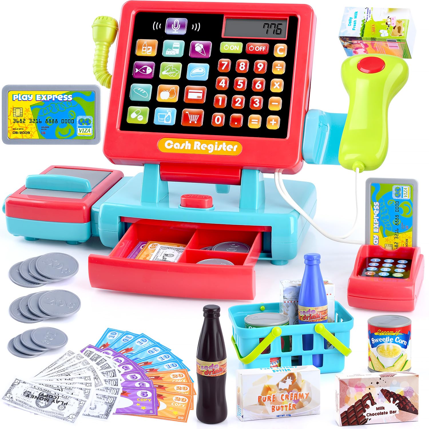 Photo 1 of PLAY Kids Cash Register Toy Supermarket with Register Pretend Play Calculator Register Toys with Scanner/Microphone/Credit Card/Conveyors/Cans/Drink/Play Money, Cash Register for Kids Ages 3+