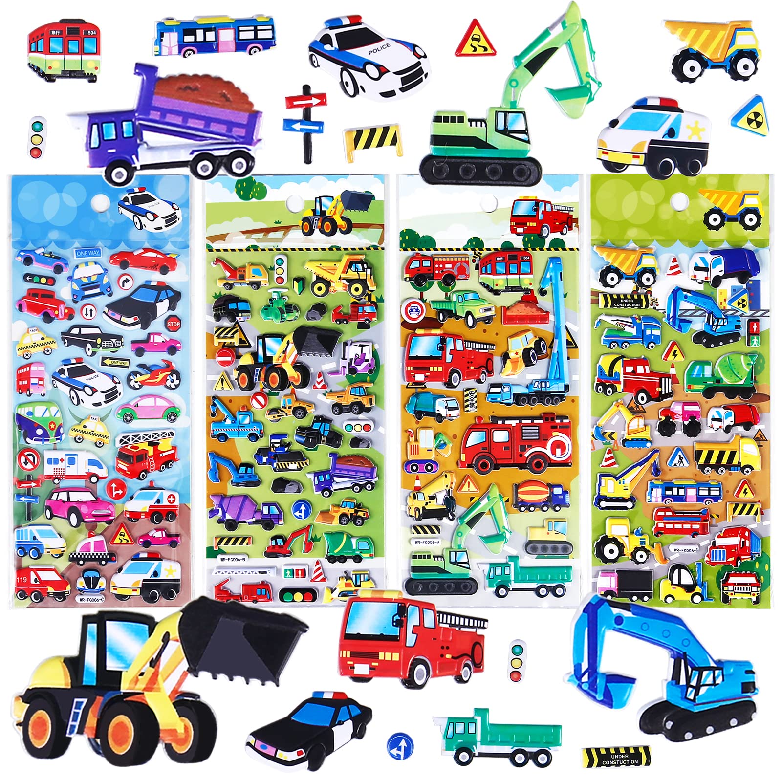 Puffy Vehicle Stickers for Kids Toddlers - 3D Puff Car Stickers for Boys Reusable Foam Sticker with Construction Truck,Tractor,Fire Truck,Police Car,Bus,Transportation Stickers Bulk,4 Sheets.