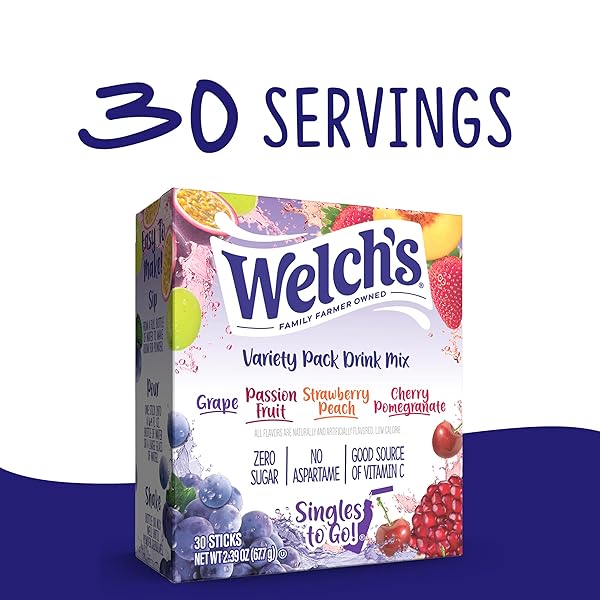 WELCH’S SINGLES TO GO VARIETY PACK, WATERTOK POWDERED DRINK MIX, INCLUDES 4 FLAVORS, GRAPE, PASSION FRUIT, STRAWBERRY PEACH, CHERRY POMEGRANATE, 1 BOX (30 SERVINGS)