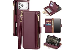 Antsturdy Compatible with iPhone 17 Pro Wallet Case Women,RFID Blocking PU Leather Phone Case Men Kickstand Flip Cover Wrist Strap Zipper Credit Card Holder Slots for Apple 17 Pro 6.3",Wine Red
