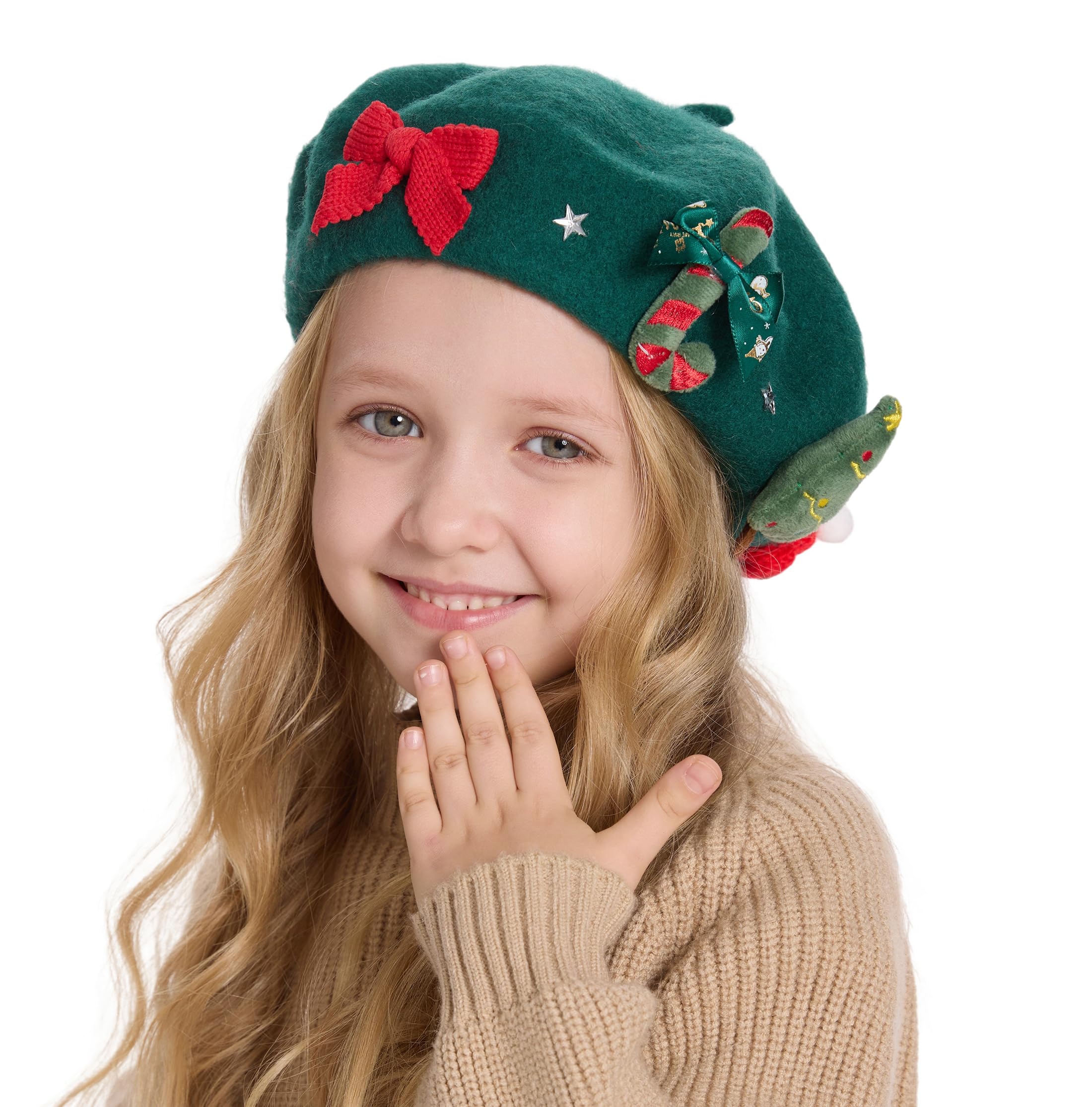 ZLYC Wool Kids Beret Hat Girls Solid Color Artist French Beret Cap(Christmas Tree Green),One Size