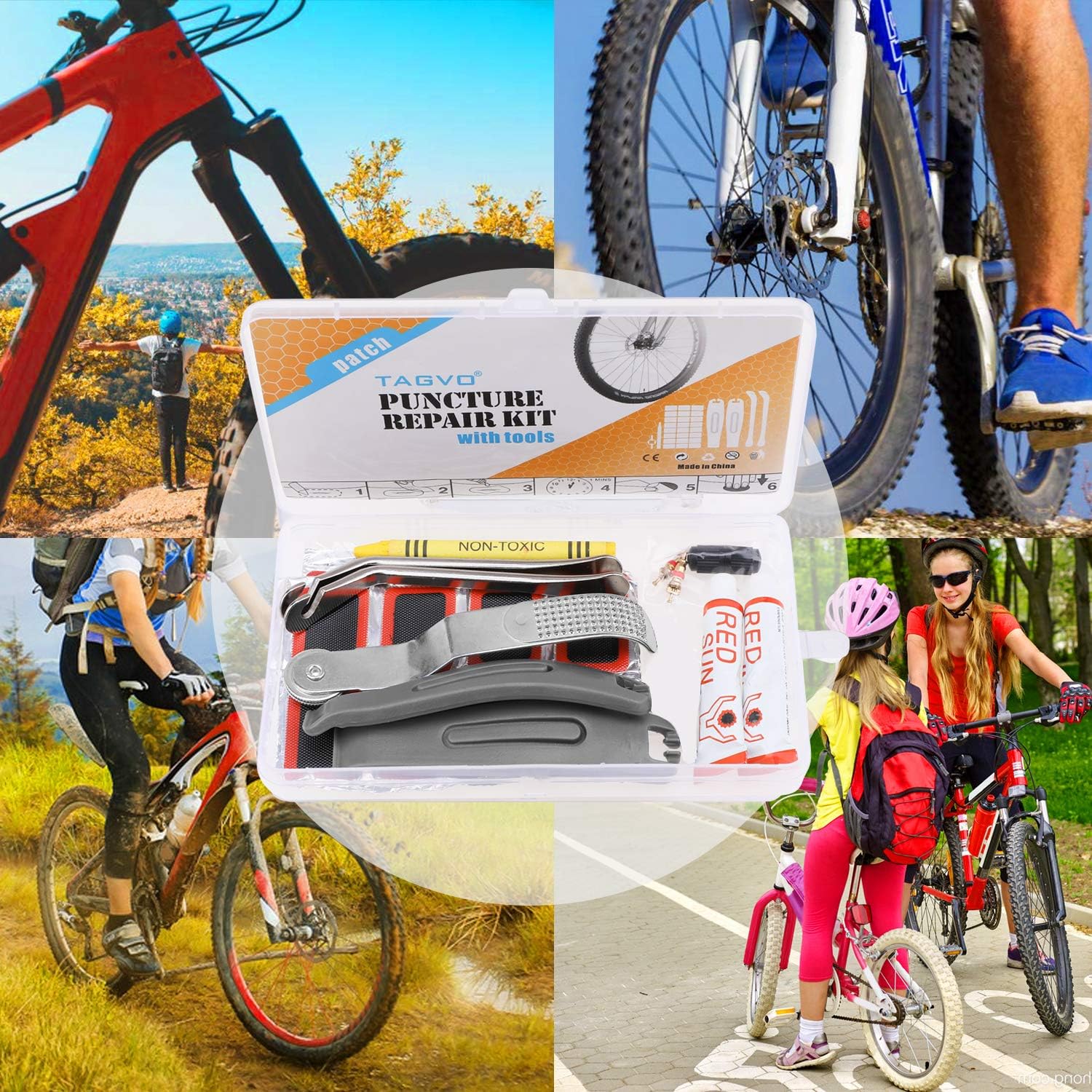 Bike Puncture Repair Kit - Bicycle Tyre Hose Glue Adhesive Super Patches Hardened Levers Rasp Tool for All Inflatable Inner Tubes in Road Emergency : Sports & Outdoors