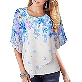 Lotusmile Women's Lightweight Flowy Shirt Double-Layered Printed Chiffon Poncho Blouse Top