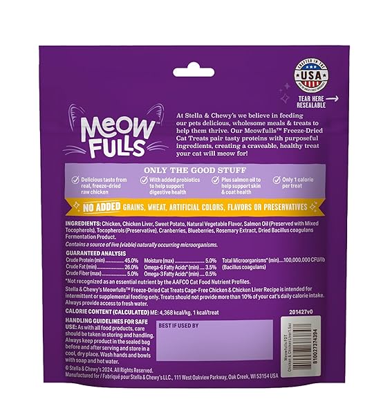 STELLA & CHEWY’S MEOWFULLS FREEZE DRIED CAT TREATS – CHICKEN & CHICKEN LIVER RECIPE – RAW PROTEIN WITH PROBIOTICS & SALMON OIL – 1 CALORIE PER TREAT – 1.5 OZ