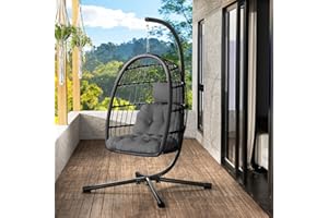 LEVELEVE Egg Chair with Stand,Patio Rattan Wicker Hanging Swing Egg Chair Hammock Chair for Bedroom Porch Garden,Thickened Aluminum Alloy Steel Frame and UV Resistant Cushion,350LBS Capacity(Grey)