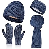 Breathffy 4 Pcs Winter Hat Scarf Gloves Headband Set Knit Beanie Touch Screen Gloves Long Scarf Valentine Gift for Women Men