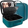 MOMIRA Travel Makeup Bag Cosmetic Bag Makeup Organizer Bag with Lighted Mirror, Adjustable Brightness in 3 Color Scenarios, Waterproof Makeup Train Case, Gift for Women - Greenish Blue