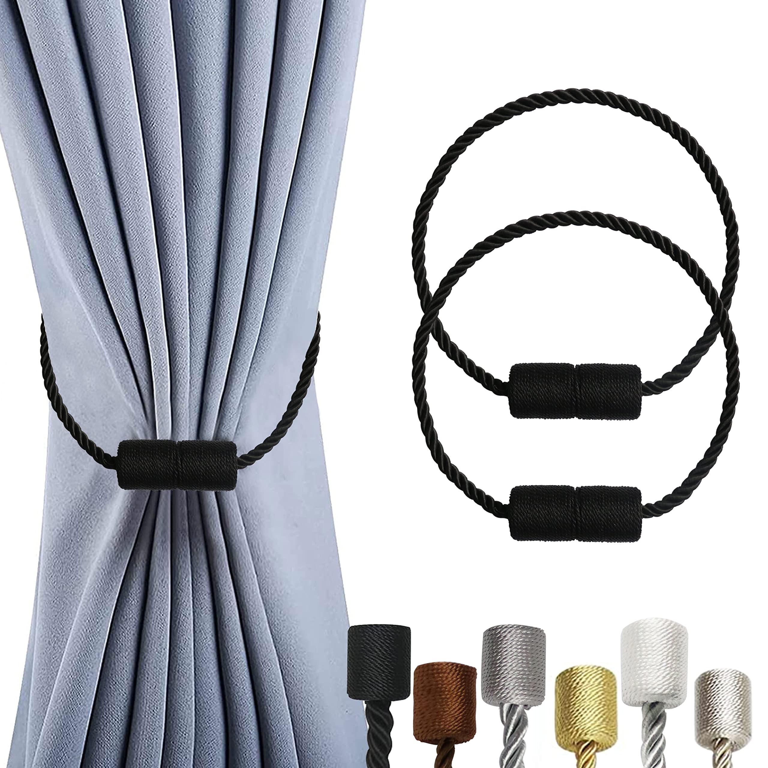 OCIOLI 2 Pack Magnetic Curtain Tiebacks Curtain Holdbacks Curtain Ties Outdoor Curtain Tiebacks Modern Rope Tiebacks Drapery Holdbacks Tie Backs for Curtains (Black, 2)