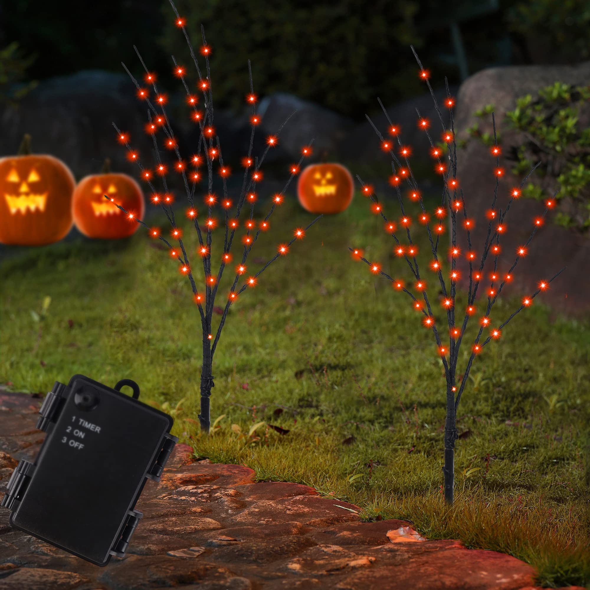 Photo 1 of Lighted Halloween Tree Branches, 30IN 100LED Artificial Black Twig Branch with Orange Fairy Lights, Built-in Timer & Battery Operated, Waterproof for Indoor Outdoor Office Bedroom Party Decorations