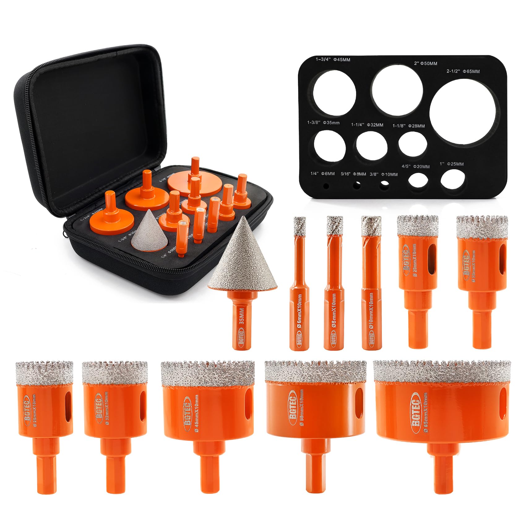 Diamond Core Drill Bit Kit BGTEC Diamond Hole Saw Tile Cutter,Triangle Shank 10pcs 6/8/10/20/25/28/32/45/50/65mm Drill Bits+1pc 3/8" Hex Shank Chamfer Bit