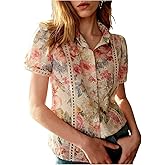 SHENHE Women's Floral Embroidered Button Down Shirt Short Sleeve Dressy Boho Blouse Top