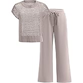 OUKODS Women Two Piece Outfits Crochet Sheer Knit Sweater Top Wide Leg Pants Lounge Matching Sets Sweatsuit Travel Clothes