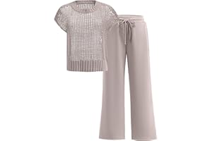 OUKODS Women Two Piece Outfits Crochet Sheer Knit Sweater Top Wide Leg Pants Lounge Matching Sets Sweatsuit Travel Clothes