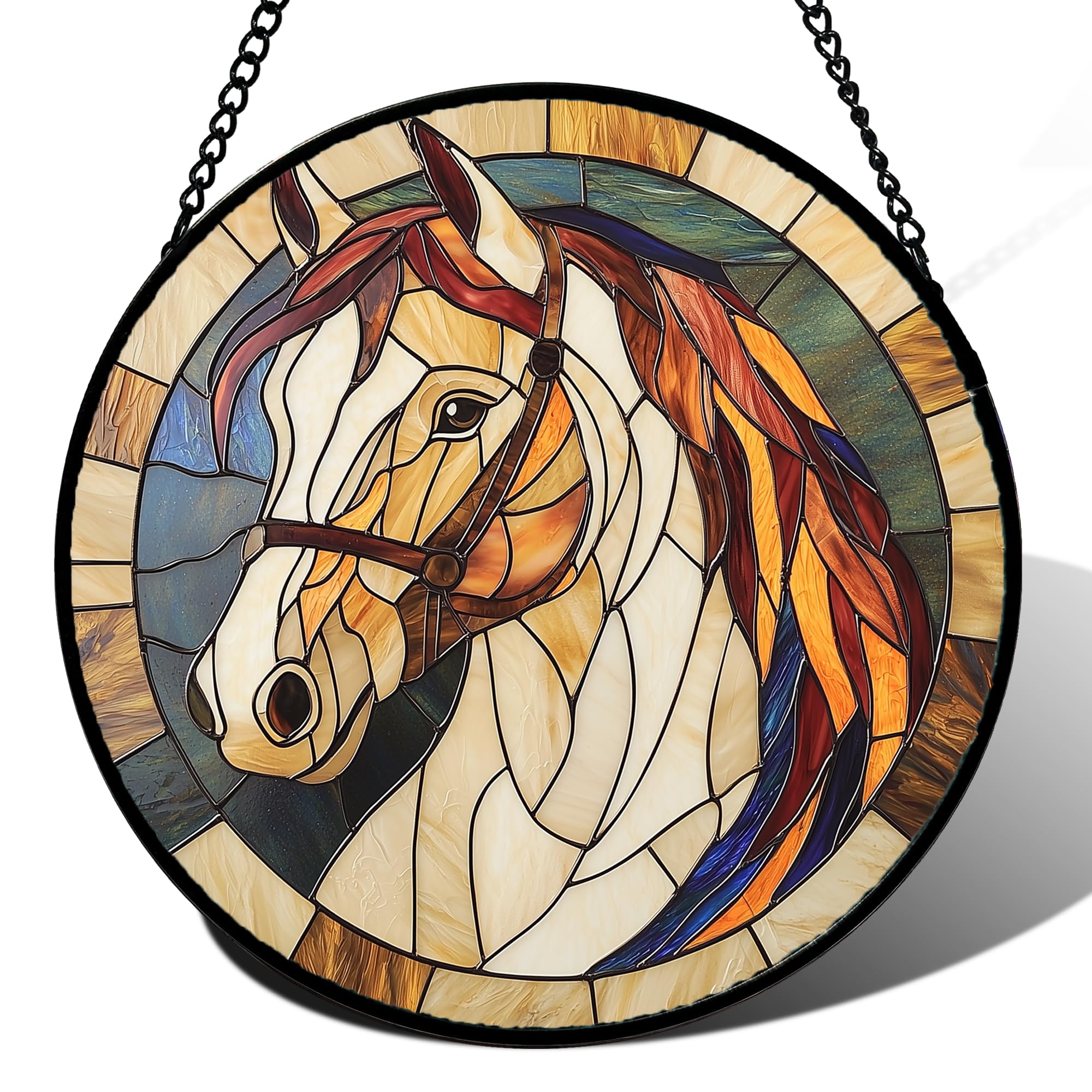 DASTOLL Stained Glass Window Hanging, Animal Horse Colored Mane Sun Catchers Glass Panel Cool Suncatcher Decor for Birthday for Women, Men, Wife, Aunt, and Mom 14.9x14.9 in Image