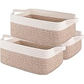 OIAHOMY 3 Pack Storage Baskets for Organizing, Woven Cotton Rope Basket for Shelves, Closet Organizer Bins with Handles, Rectangle Toy Organization, 13.78''×9.84''×5.5'', Brown & White