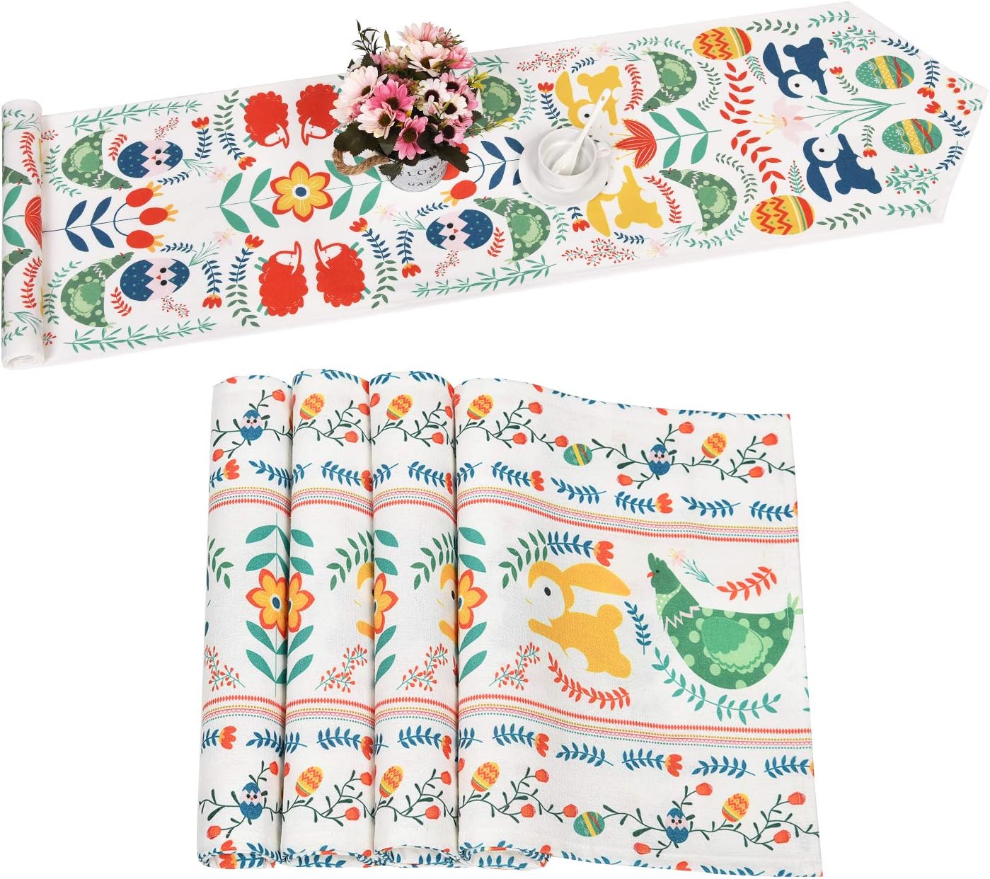 Alishomtll Happy Easter Table Runner with 4 Placemats Colorful Cartoon Rabbit Table Runner Set Easter Eggs and Lily Flower Table Mats Set for Easter Decoration, Dinner Parties, Gift