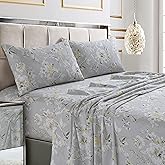 Tribeca Living Deep Pocket Queen Size Sheet Set - 300 Thread Count Cotton Sateen Sheets with 22-Inch Extra Deep Pockets, Oeko-Tex Certified, 4 Bedding Set in Colmar Silver Grey/Multi Print