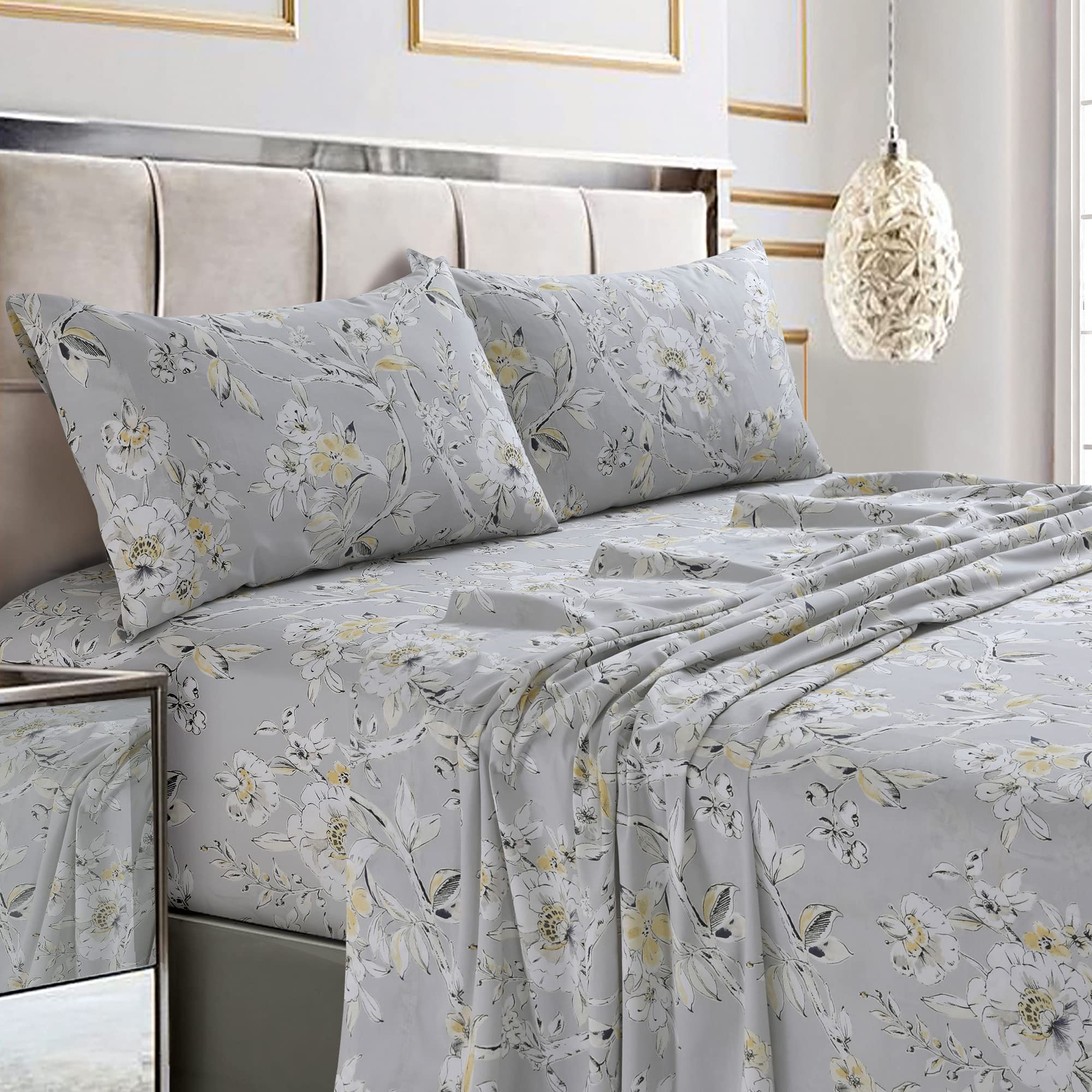 Tribeca Living King Bed Sheet Set, 300 Thread Count Soft Cotton Sateen, Floral Print with Extra Deep Pockets, 4-Piece Bedding Set, Colmar Silver Grey/Multi