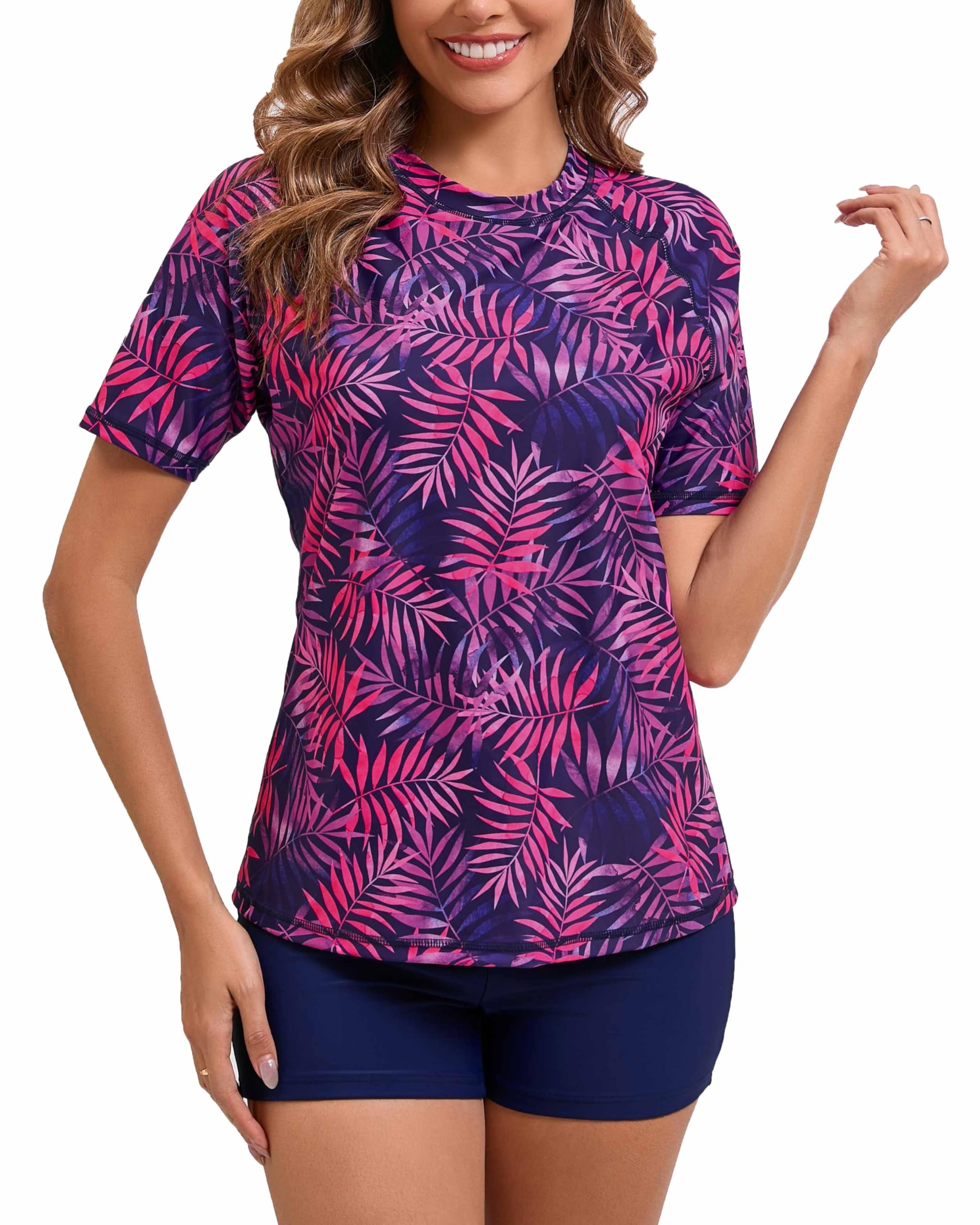 Photo 1 of Halcurt Women 2 Piece Swim Shirt and Shorts Sun Protective Rash Guard Set Purple M