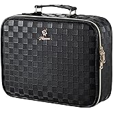 Faquenc Makeup Bag with LED Lighted Mirror 12.2 IN Travel Makeup Bag Adjustable Brightness in 3 Colors Cosmetic Organizer Artist Storage Bag with Dividers Brush Holder Bag Vanity Black Checkerboard