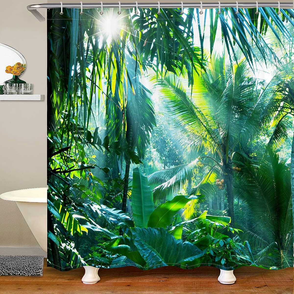 Banana Leaves Shower Curtain With Hooks Green Banana Leaves 180x210cm Botanical Waterproof Mould Proof Resistant Bathroom Curtain Washable Bath Curtain Polyester Fabric with 12 Hooks