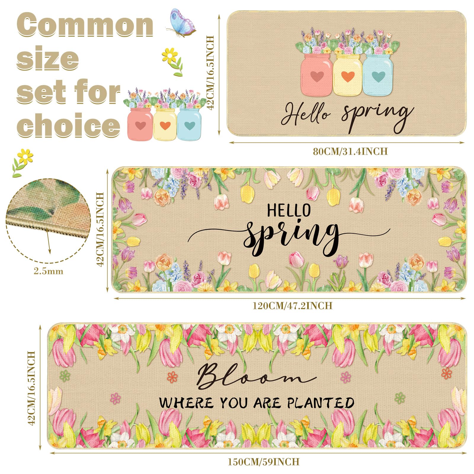 Tinideya Hello Spring Kitchen Rugs and Mats Set of 3, Spring Flowers Vase Floral Kitchen Mat Non Slip Bloom Doormat Easter Funny Washable Kitchen Bathroom Decor,17 x 59,17 x 47,17 x 32 in - Image 2