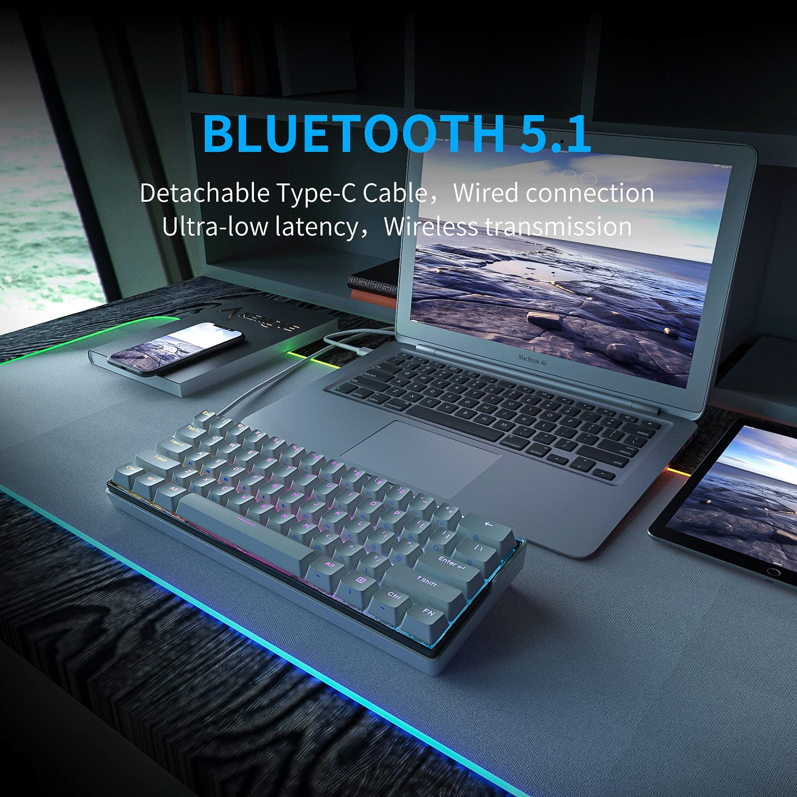 KEMOVE SNOWFOX Wired/Wireless 60% Mechanical Gaming Keyboard Compatible with Mac Windows, Hot Swappable Keyboard RGB Backlit PBT Keycaps Full Keys Programmable, 3000mAh Battery (Gateron Yellow Switch)