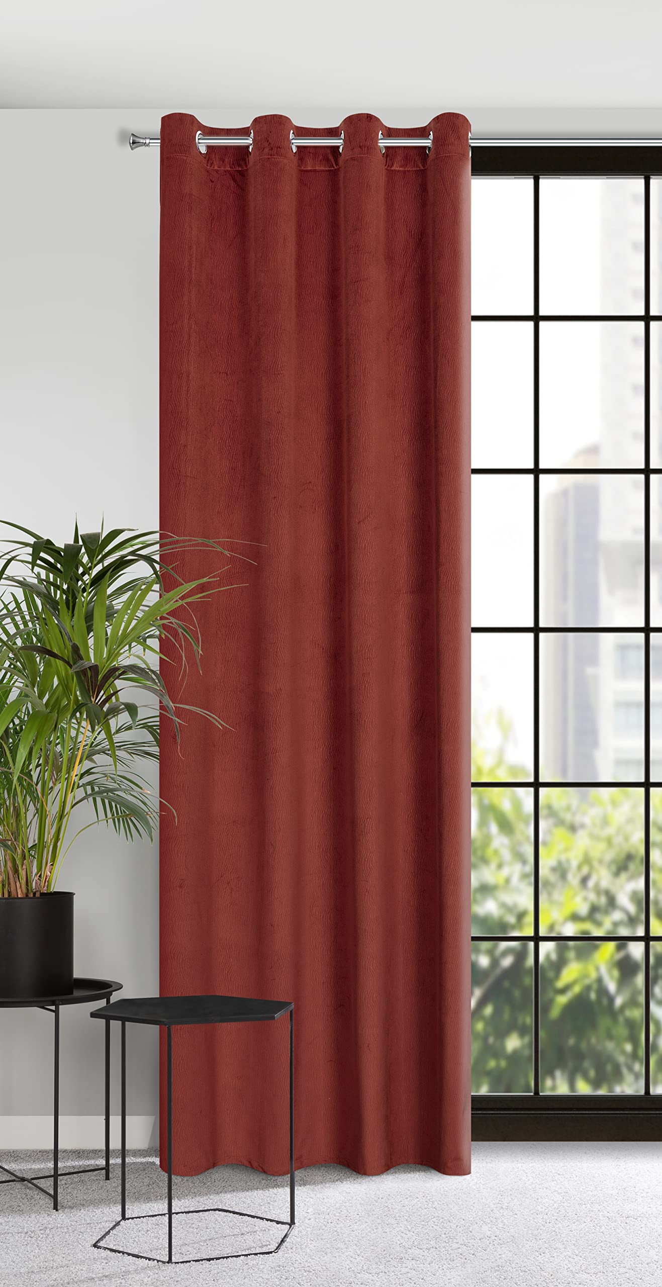 Eurofirany Velvet Curtain with Eyelets Balcony Door Patterned Velvet Look 1 Piece Wavy Pattern Plain Fluffy Living Room Bedroom Lounge 140 x 250 cm 3D Structure Red