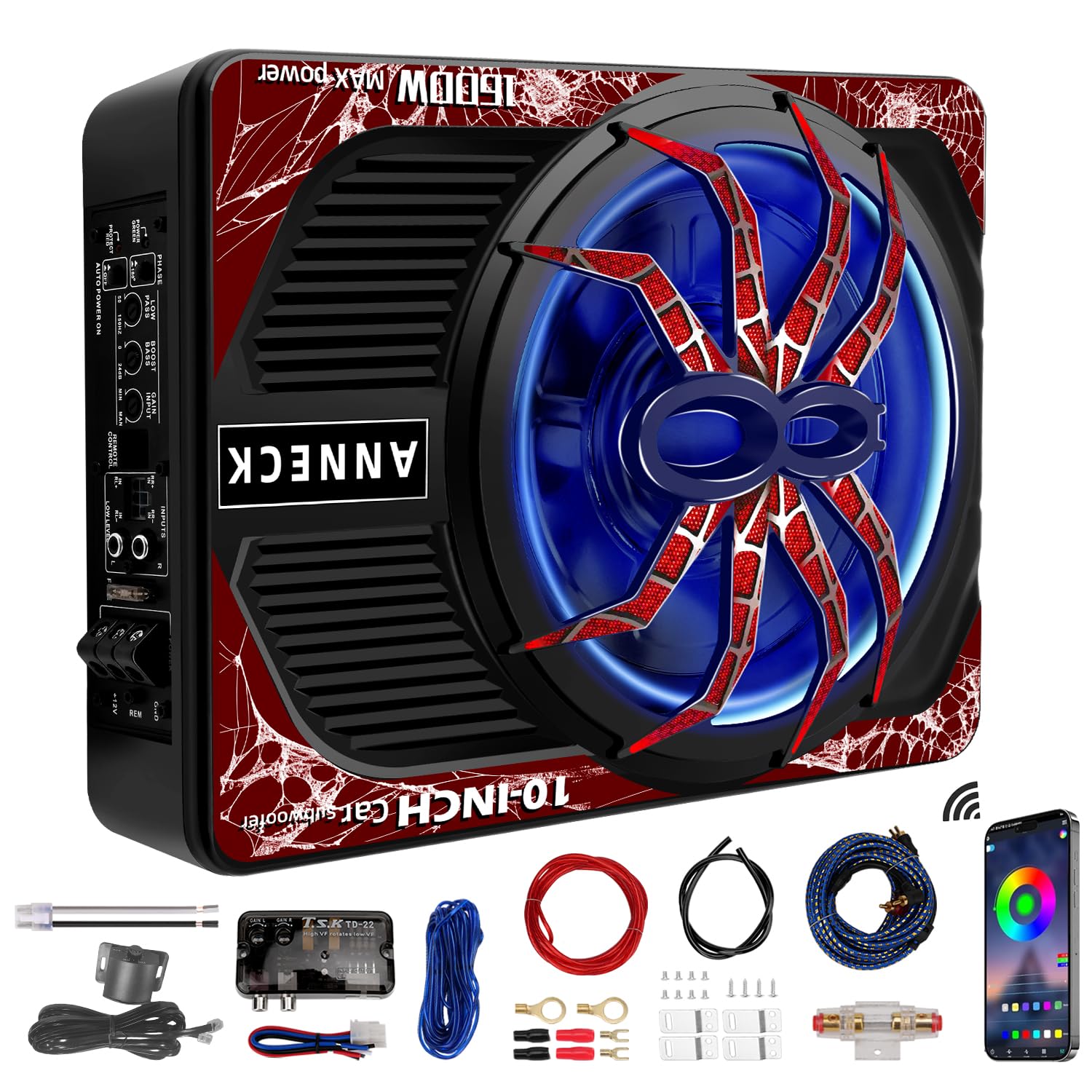 Photo 1 of 1600W 10" Slim Under Seat Subwoofers with Built-in Amp | LED Ambient Light, Deep Bass, Individual Controls (LPF/Gain/Bass Boost), High Output Distortion-Free Audio, Suitable for All Vehicle Models