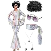 Jexine 70s Women Disco Outfit Costume Disco Party Top Pants Sunglasses Ball Necklace Earring Wig for Halloween New Year Eve