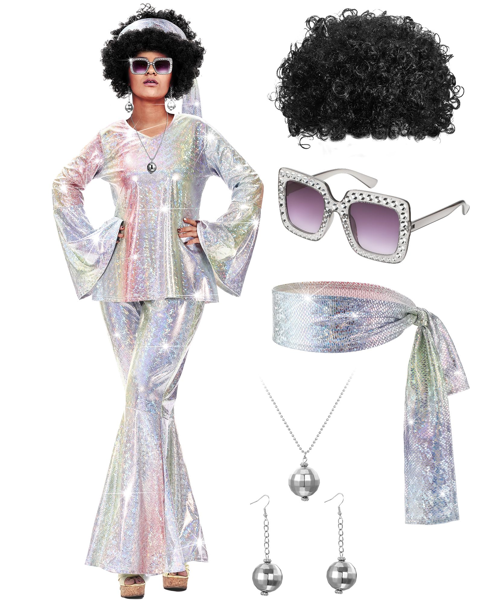 Photo 1 of Jexine Halloween 70s Women Disco Outfit Costume Set Disco Party Top Pants Sunglasses Ball Necklace Earring Wig(Laser Color,X-Large)