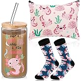 Layhit 3 Pcs Pink Axolotl Gifts for Women Thank You Gift 16 oz Coffee Glass Cosmetic Makeup Bag Cute Socks Graduation Mother's Day Gift for Axolotl Lover