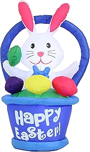 Sunnydaze Large Easter Inflatable Outdoor Decoration - 45-Inch Easter Bunny in Basket - Outdoor Celebration Blow-Up Yard and Garden Decor with Fan Blower and LED Lights
