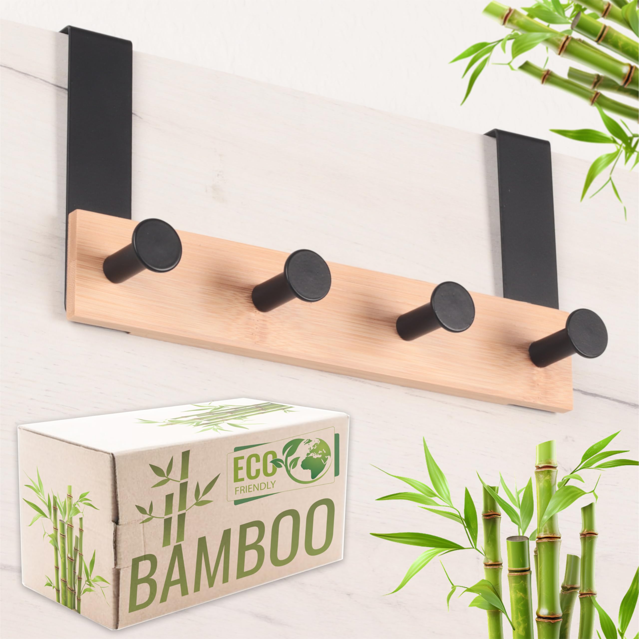 RICOO Door Hooks Hanger - Modern Over Door Hanger with 4 Hooks, Bamboo and Steel Over The Door Coat Hanger Rack for Clothes, Towels, Hats - MH029N-4, 1 Piece, Natural Colour