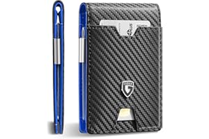 GSOIAX Men's Slim RFID Blocking Leather Wallet with Money Clip | Minimalist Carbon Fiber Bifold Credit Card Holder | 11 Card Slots | Gift Box Included(Carbon Blue)