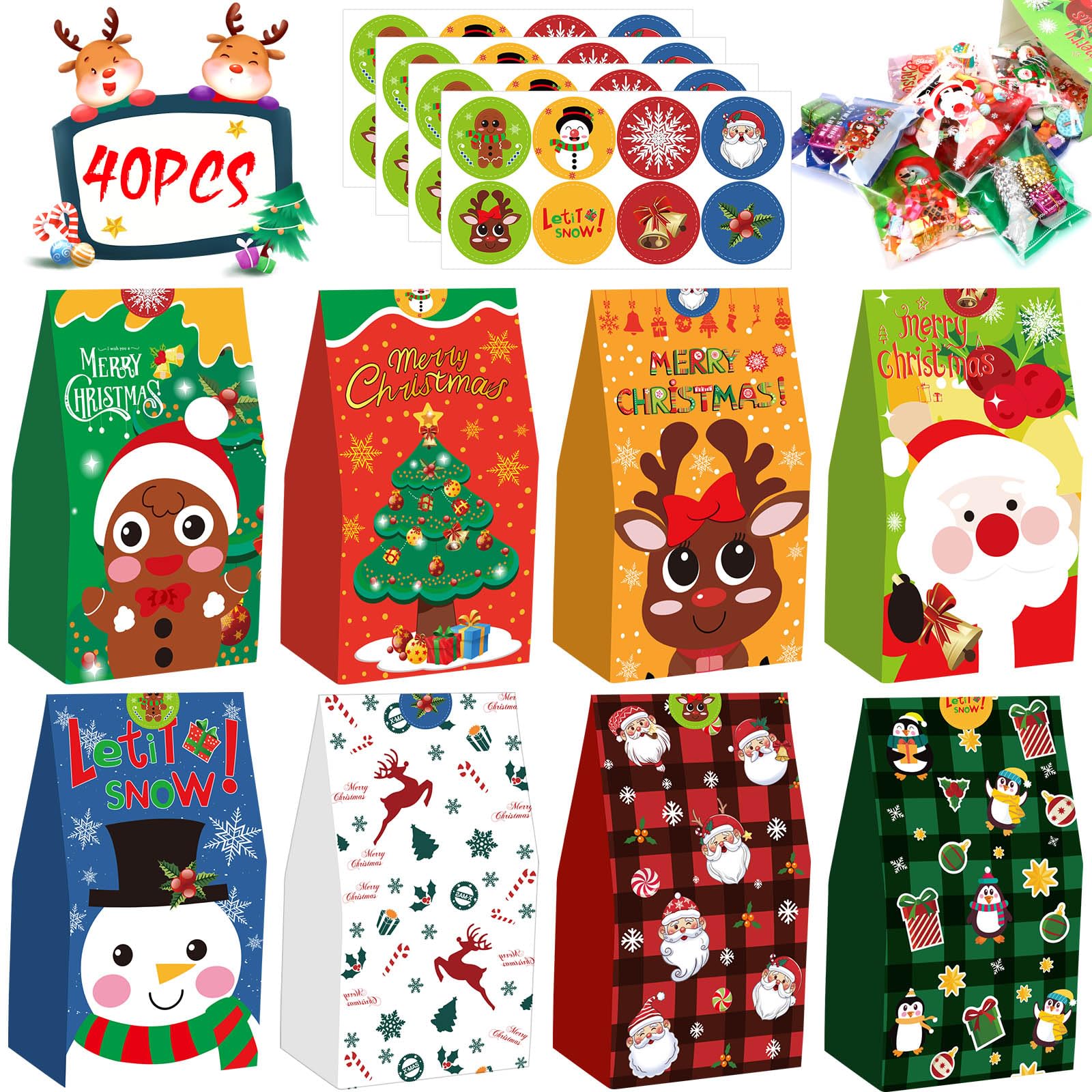 Augshy 40-Piece Christmas Paper Gift Bags with Stickers for Kids' Xmas Party Favors