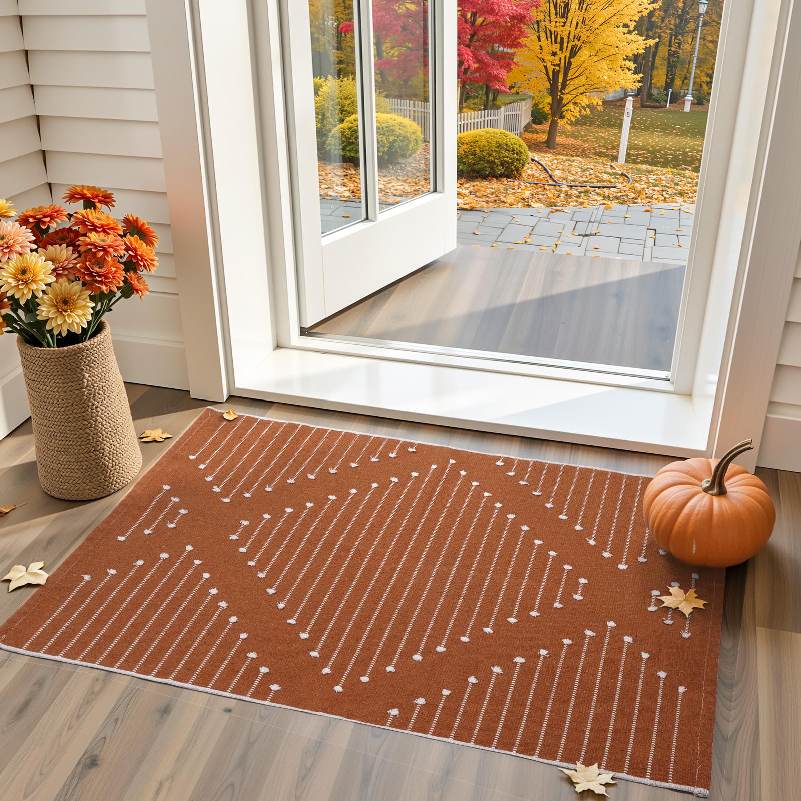 Photo 1 of LIVEBOX Burnt Orange Entryway Rug, Washable Front Door Rug Cotton Blend Kitchen Rugs, Boho Woven Area Rug Throw Carpet for Layered Porch Halloween Decor Rugs (2.3' x 3.6')